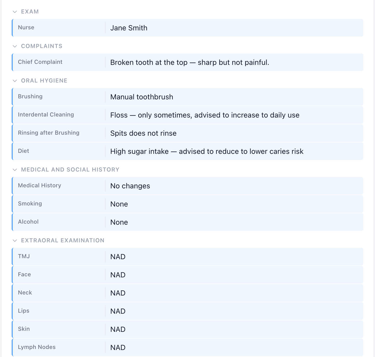 OpenDentist structured clinical notes